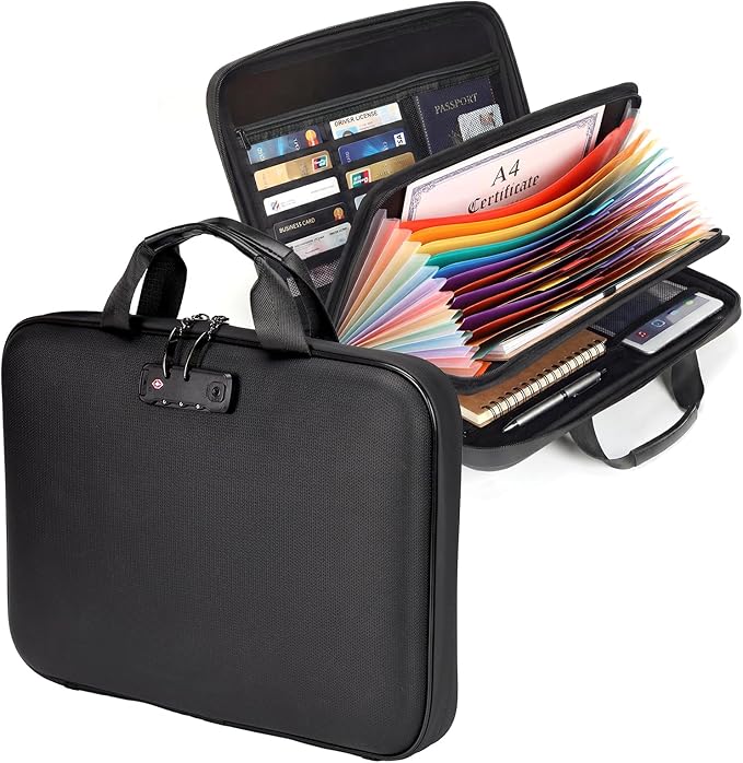 Calenzana Fireproof Document Boxes with TSA Lock, Upgraded 16 Pockets Fireproof＆Water Resistant File Organizer, Hard-Shell Safe Box for Important Certificates, Passport, Laptop