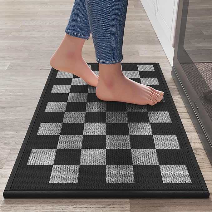 Kitchen Mats for Floor, Super Absorbent Kitchen Rugs Non Slip Washable, Linen-Look Woven Cushion Runner Rug, Kitchen Sink Mat Standing Mat, Black Gray Checkered 17"x30"