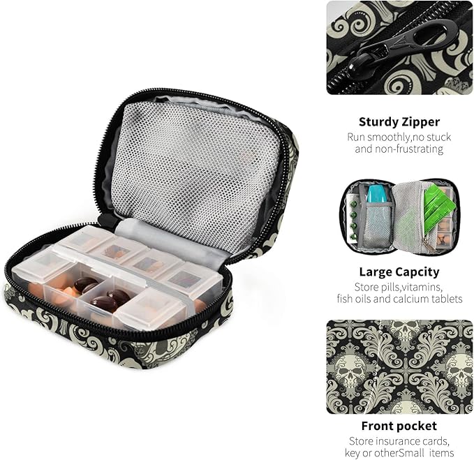 Pill Case Travel Vintage Pill Cases Bag Medicine Vitamin Container Pill Box Organizers Supplement Holder (Skull Damask)