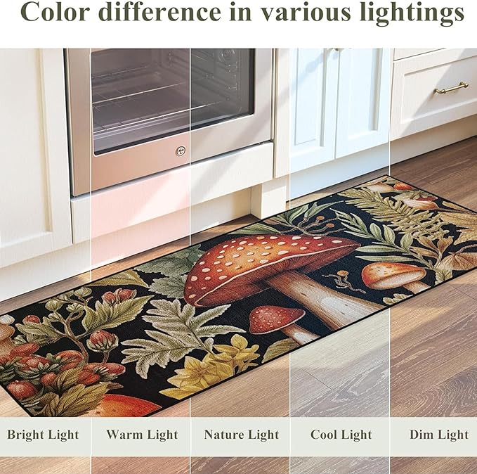 Mushroom Kitchen Mat Set of 2, Kitchen Rugs and Mats Non Slip Washable, Home Decor Low-Profile Kitchen Floor Mat (17”x30“+17''x47'')