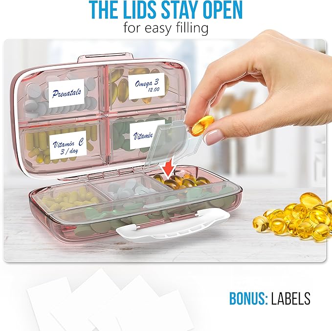 Product Image Pill Organizer Airtight Pill Box Large Pill Dispenser Home Travel Supplement Holder Portable Vitamin Sorter Jumbo Size 8 Compartment Airtight Vitamin Container Daily Medicine