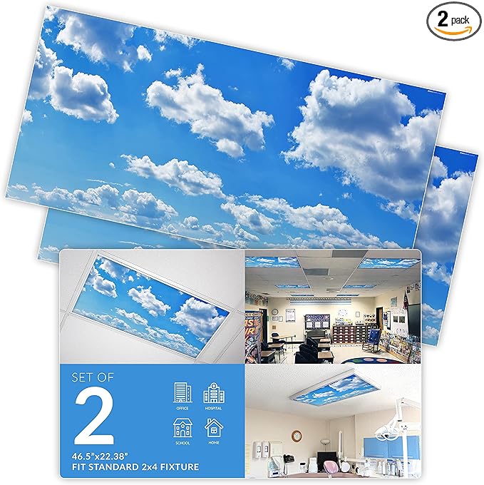OCTO LIGHTS Fluorescent Light Covers for Classroom Office - Eliminate Harsh Glare Causing Eyestrain and Headaches. Office & Classroom Decorations - Cloud 001-2pk