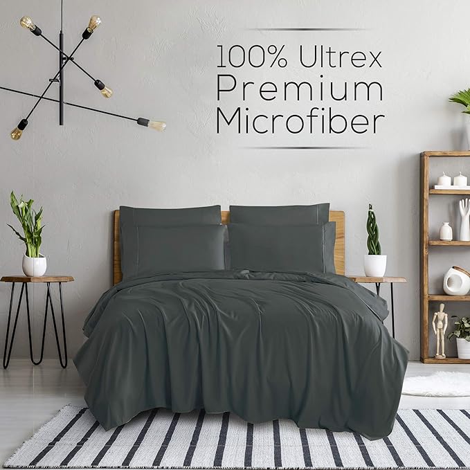 Mueller Luxury 6 PC Full Size Bed Sheets, Super Soft 1800, Deep Pocket up to 16" Full Size Sheets, Transfers Heat, Breathes Better, Hypoallergenic, Wrinkle-Resistant, Oeko-TEX, Dark Grey