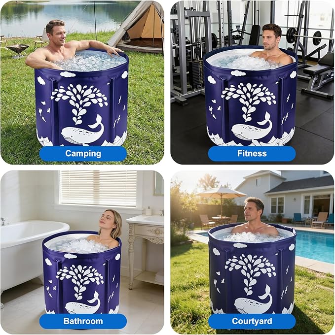 STARBRILLIANT Portable Foldable Bathtub, Collapsible Adult Travel Bath Tub for Camping, Home & Spa, Space-Saving Storage, Durable PVC Material (Whale, 27inch)