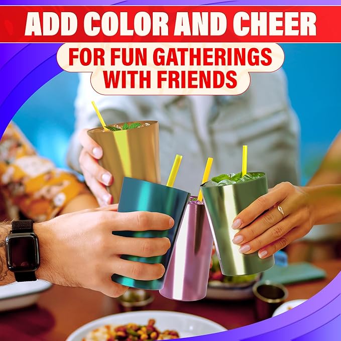 Retro Style Aluminum Cups 15 oz Set of 6 - Metal Tumblers for Cold Drinks, Festive Color-Finished Metal Cups for Drinking, Stackable and Dishwasher-Safe, for Home, Camping, Patio & Holiday Parties