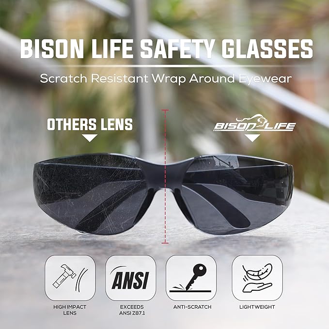 BISON LIFE Safety Glasses - Scratch Resistant Wrap Around Eyewear, Polycarbonate ANSI Z87.1 Impact Resistant Lens