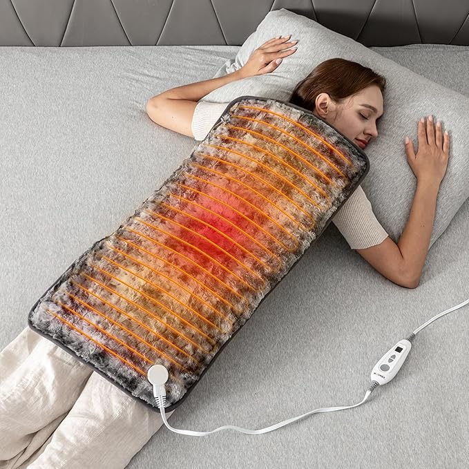 Woomer Heating Pad for Back Pain Relief, Extra Large Electric Heating Pad for Period Cramps, Moist&Dry Options, 6 Heat Setting, 2H Auto-Off, Cozy Faux Fur, 17” x 33”, Marble Grey
