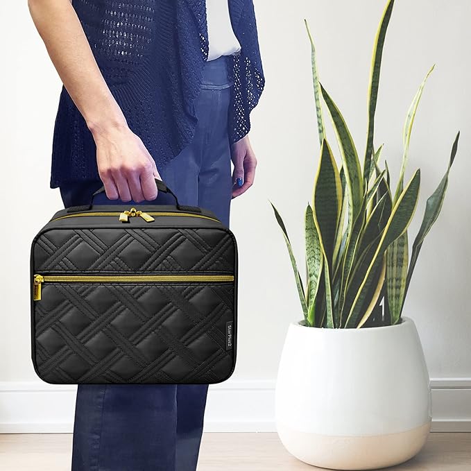 Large Quilted Pill Bottle Organizer - 10 Pockets Soft Medicine Bag for Travel & Home Storage - Black