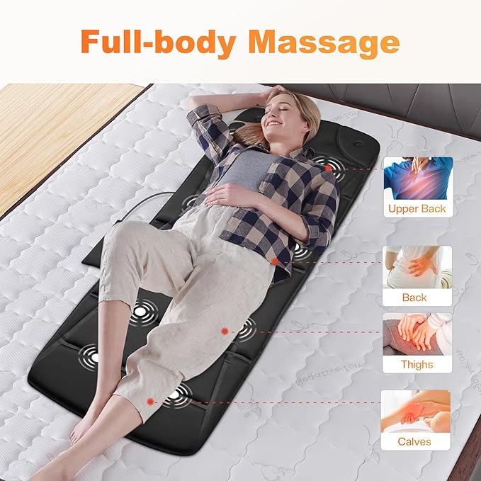CILI Full-Body Vibration Massage Mat, 10 Motors & 5 Modes, Heated Back Massager Pad for Bed/Chair, Auto Shut-Off, Ideal Gift for Men & Women - Black