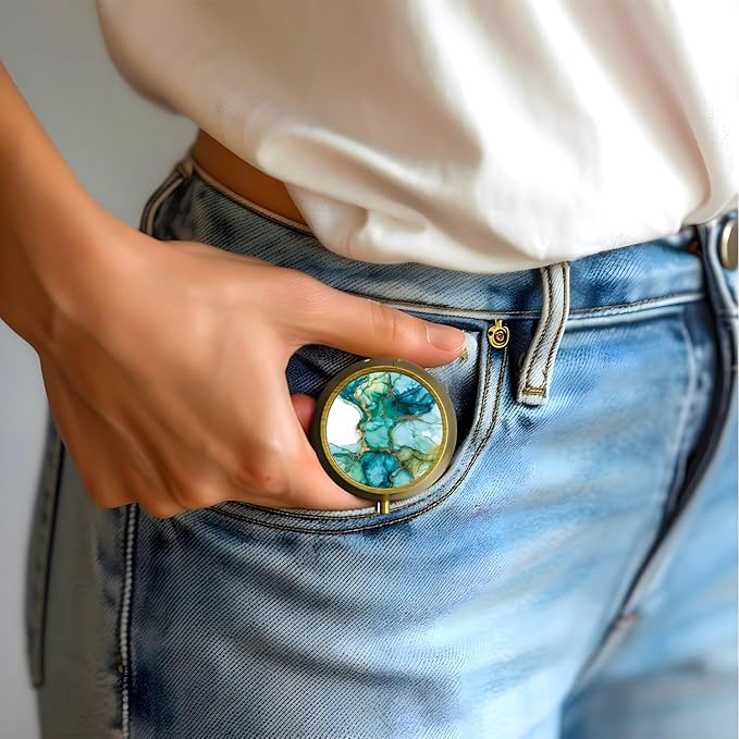 Small Pill Case Pill Box with Mirror Retro 3 Compartment Pill Holder for Purse or Pocket Bronze Portable Medicine Vitamin Container Fish Oil and Supplement Storage BPA-Free（Green Marble）