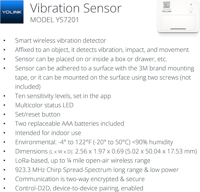 YoLink LoRa Smart Vibration Sensor; Smart Shock, Glass Break, Tamper, Movement Detector, Generator Running, Email/SMS/Push Alerts, 1/4 Mile Open Air Range, Alexa, Hub is not Included