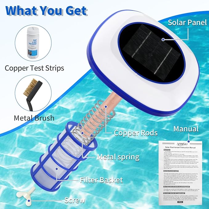 VINGLI Solar Pool Ionizer, Anode Copper-Based Water Care System,85% Less Chlorine Usage, Pool Cleaner Suitable for Pools up to 35,000 Gallons,1-Year Warranty