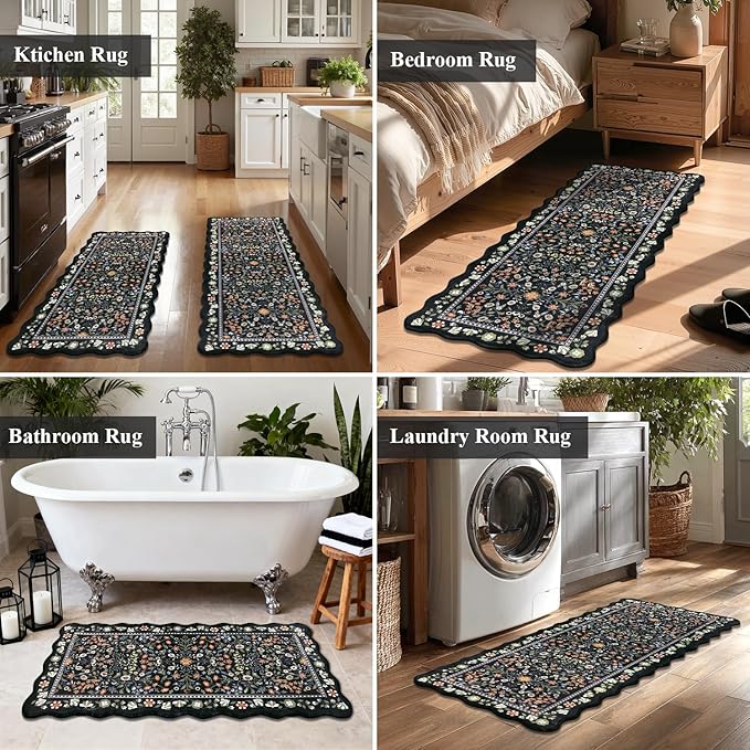 Yamaziot Anti Fatigue Kitchen Rugs Set of 3 - Boho Non Slip Waterproof Kitchen Mats for Floor, Boho Runner Rug for Kitchen Floor, Laundry, Desk, Bar, Office, 17.3"x29"+17.3"x35"+17.3"x47", Black