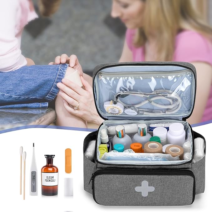CURMIO Small Medicine Storage Bag Empty, Family First Aid Box, Pill Bottle Organizer for Emergency Medical Supplies, Gray (Bag Only, Patent Pending)