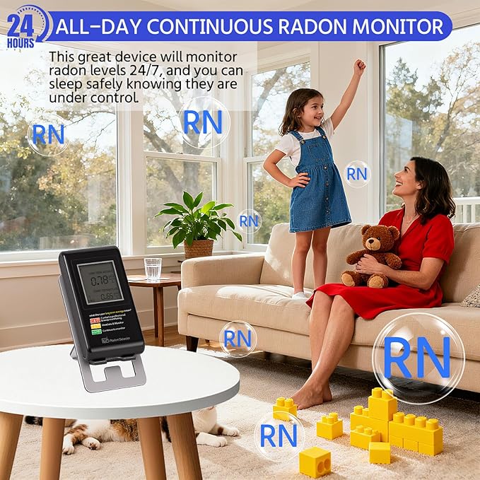 Home Radon Detector with Bracket，Portable Radon Test Kit for Home with Long and Short Term Radon Monitoring, Lightweight, Easy-to-Use, AAA Battery-Powered USA Version, PCi/L, Black