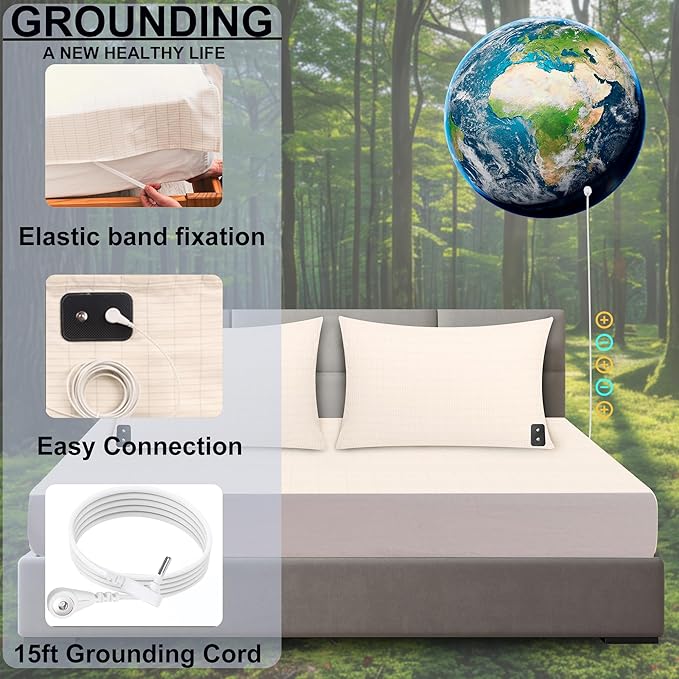 Grounding Sheets Organic Cotton Flat Grounding Sheets 54x80inch Silver Fiber Grounded Bed Sheets for Sleep Earth Connected Sheets with Grounding Cord Beige Full Size