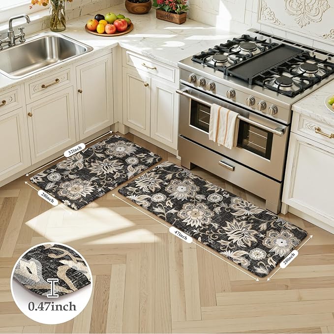 LEEVAN Anti Fatigue Mats for Kitchen Floor 2 Piece,Cushioned Memory Foam Black Kitchen Mats for Floor,Comfort Floral Boho Non Slip Kitchen Floor Mat for Sink,Laundry,Office(20"x31"+20"x47")