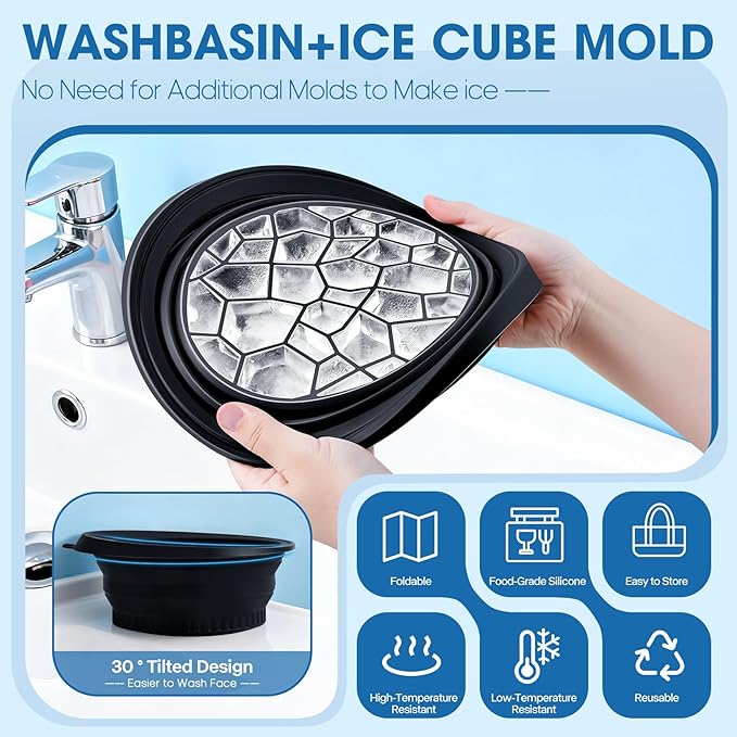 Portable Facial Ice Bath Bowl - Foldable Silicone Bowl with Built-In Ice Tray for Skincare, Suitable for Skin Facial Icebath at Home (Black)