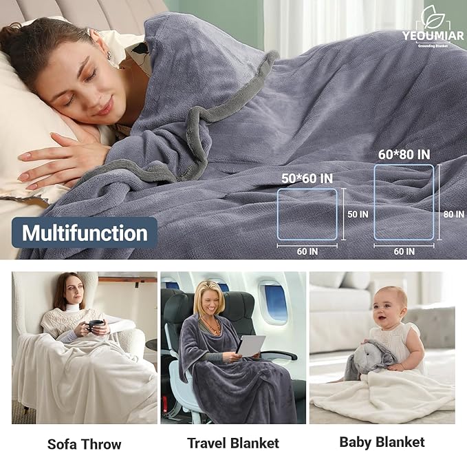 Grounding Blanket 50 * 60 inch Grounding Sheets Queen, Grounding Mat for Improved Sleep, Relieving Pain, Conductive Grounded Mats with Grounding Cord (Gray, 50 * 60 in)