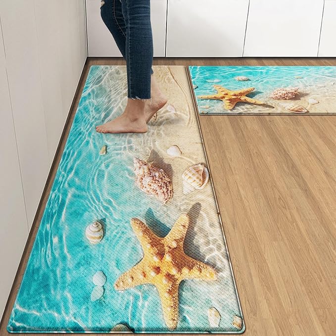 Anti-Fatigue Beach Kitchen Rug Set of 2 Cushioned Seashell Rug Mat for Floor, Summer Standing Waterproof Non-Slip Mat PVC Ergonomic Comfort Foam Decor for Kitchen