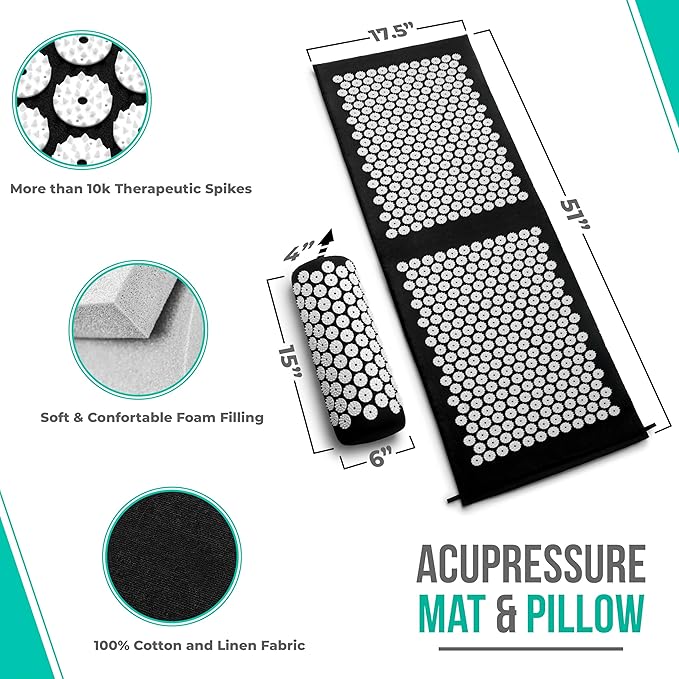 Sivan Health and Fitness Acupressure Mat and Pillow Set - Grounding Mat for Stress, Back & Neck Pain - Acupuncture Point Massage Mat for Muscle Relaxation, Sciatica, & Meditation - Includes Carry Bag