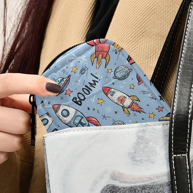 Light Blue Doodle Boom Space Rockets Stars Travel Pill Organizer Case Box Container Weekly Portable Vitamin Medicine Holder Storage Bag with Zipper Removable