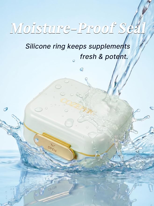 Small Pill Case Travel Pill Box with 7 Compartments for Purse - Compact Pill Organizer for Medicine Vitamin - Portable Container for Fish Oil & Supplements - Sage