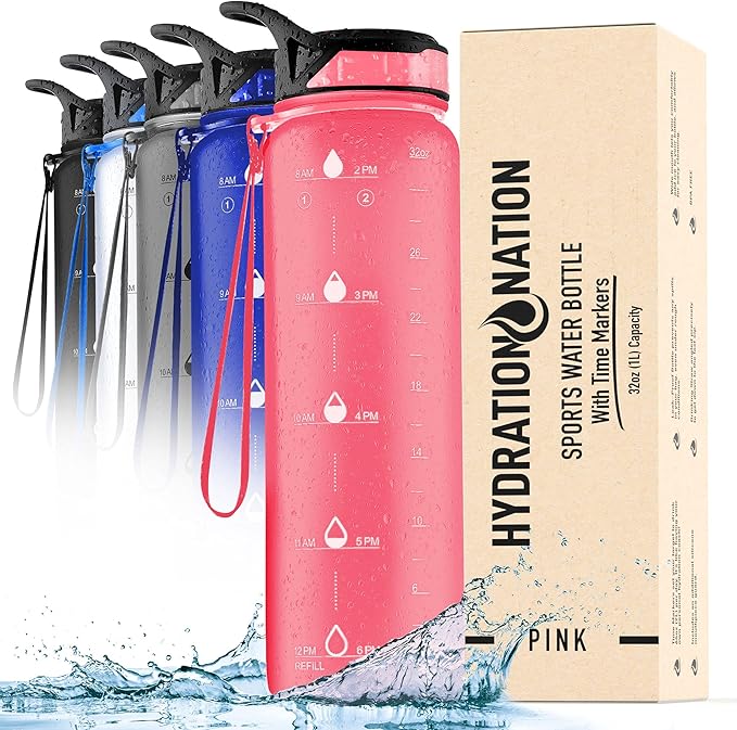 Hydration Nation (32oz Water Bottle With Time Marker - Leak Proof Water Bottles With Times To Drink For Fitness & Sports - 32oz Water Bottle With Straw For Drinking - Water Tracker Bottles (Pink)