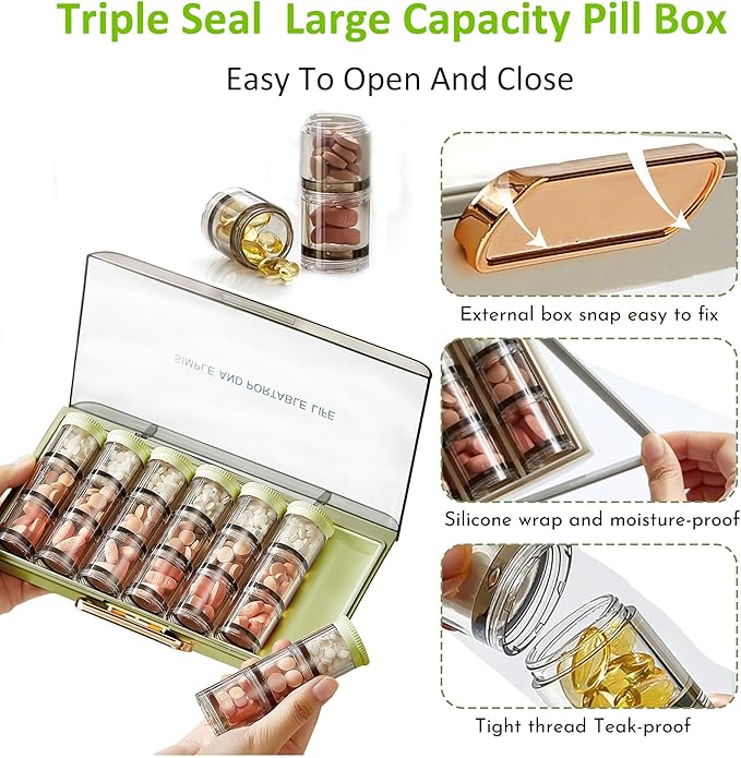 3 Times a Day Pill Organizer 7 Day, Large Weekly Pill Organizer, Weekly Pill Box with 7 Separate Containers, Portable Daily Medicine Planner Case for Medicine Vitamin Fish Oil Supplement(Green)