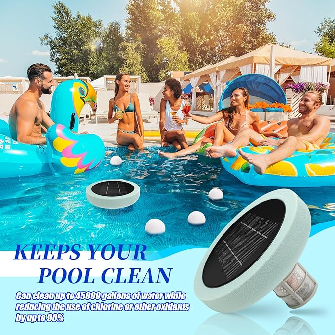 Qualirey Solar Pool Ionizer Automatic Floating Water Cleaner and Purifier, 90% Less Chlorine, with 4 Pcs Scum Eliminating Ball, up to 45, 000 Gallons for Fresh, Salt Water Pools and Spas(Green)
