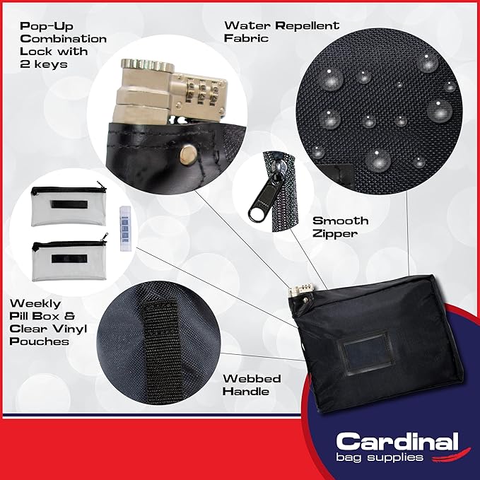 Large Medicine Bag Includes Pill Box and Removable Clear Bags, Prescription Bottle Organizer, Travel Carry Case, Combination Lock,12" x 10" x 2" (Black)