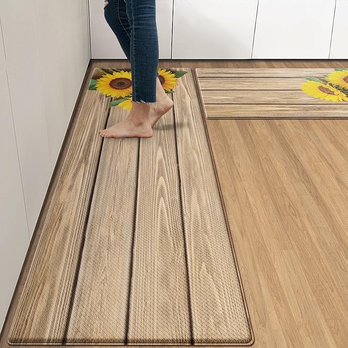 Anti-Fatigue Sunflower Kitchen Rug Set of 2 Cushioned Wooden Background Mat for Floor, Standing Waterproof Non-Slip Rug PVC Ergonomic Comfort Foam Kitchen Decor