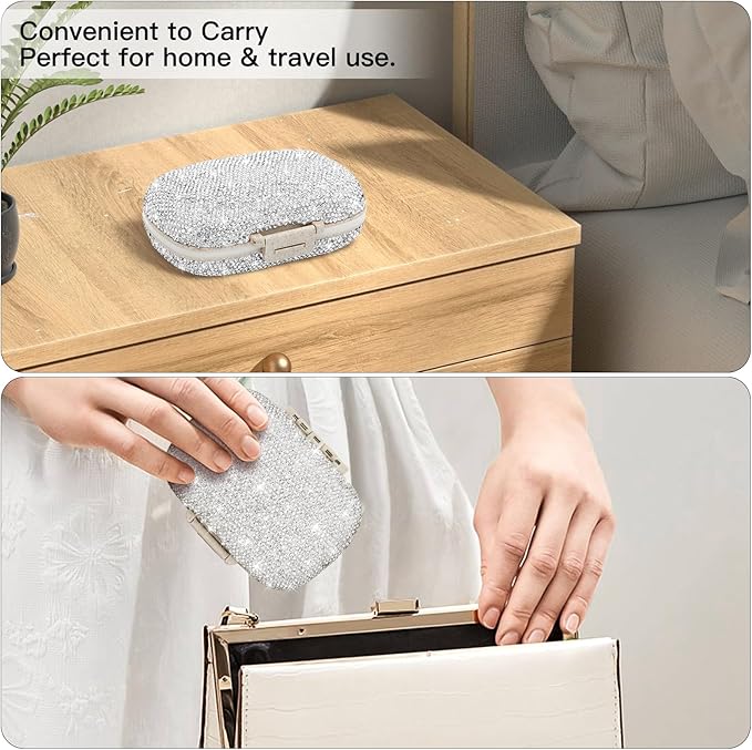 Soleebee Portable 8 Compartments Daily Pill Organizer, Bling Crystal Diamond Pill Box, Small Travel Pill Case, Pill Dispenser, Medicine Container Organizer to Hold Vitamin, Fish Oil (Silver)