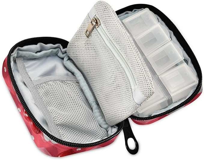 Heart Red Pink Travel Pill Case Bag with Compartments Twill Fabric Organizer with Plastic Inner Box for Medication Vitamins & Supplements