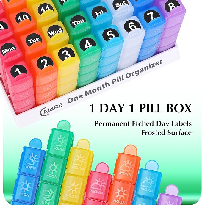 Monthly Pill Organizer 4 Times A Day, One Month Pill Organizer, Monthly Pill Box Organizer with 32 Daily Compartments for Fish Oil, Vitamins, Supplements and Medications, 31 Day Pill Case