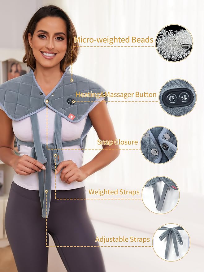 Vofuoti Heating Pad for Neck and Shoulders, Portable Cordless Heating Pad with Massager and Battery, Weighted Electric Heated Neck Shoulder Wrap, 16'' x 22'', 2.2lbs-Gray