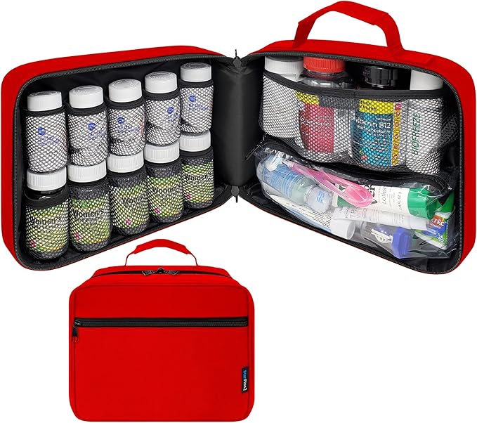 Large Pill Bottle Organizer - 10 Pockets Medicine Bag for Travel & Home Storage - Red