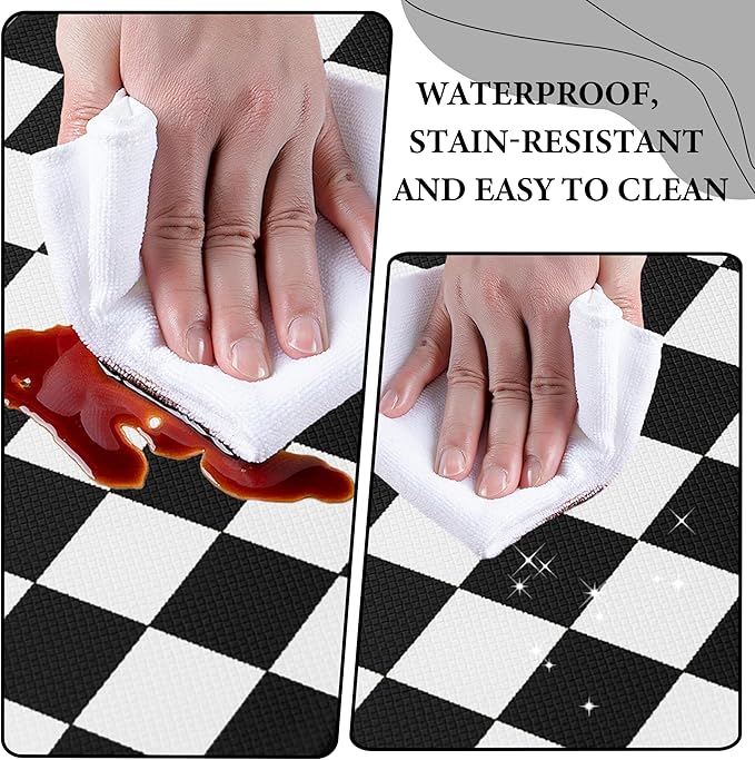 Checkered Grid Black Checkerboard Kitchen Rug, Anti-Fatigue, Waterproof Non-Slip Kitchen Mat Heavy Duty Ergonomic Comfort Foam Rug for Floor, Home, Laundry,17.3"x59"