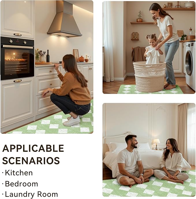 Moroccan Trellis Fresh Green Checkered Kitchen Rug Sets [2 PCs], Anti-Fatigue, Waterproof Non-Slip Kitchen Mats Heavy Duty Ergonomic Comfort Foam Rug for Floor, Home, Laundry,17"x29"+17"x47"