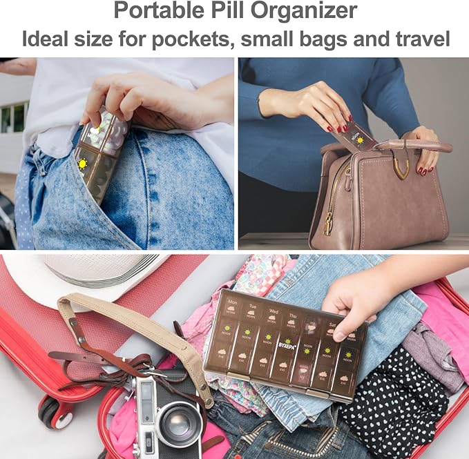 Pill Organizer 3 Times a Day, Daily Pill Box with Morning Noon Night Compartments, Portable Medicine Organizer for Travel, Work & Home (Brown)