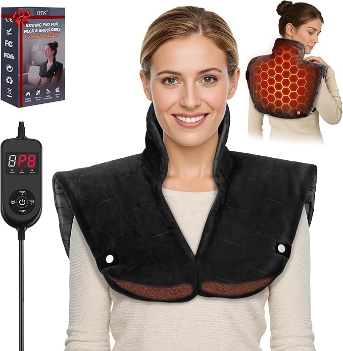 UTK 30s Fast Heating Pad, 6X Deeper Far Infrared Heating pad for Neck and Shoulders Pain Relief, 8 Heat Settings Max 159℉, 4H Auto-Off, Extra Large 24"x20" with Adjustable Strap, Gifts for Women Men