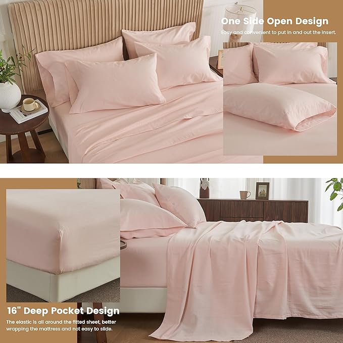 Simple&Opulence Belgian Linen Sheet Set Solid Color - 6 Pieces (1 Flat Sheet & 1 Fitted Sheet & 4 Pillowcases) 16" Deep Pocket Natural Flax Cotton Blended Soft Bedding - Pale Pink, California King