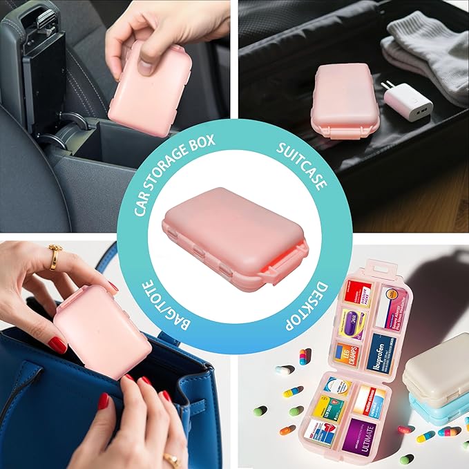Pill Organizer with Medicine Labels 146 Labels Travel Daily Pill Container Mini Medication Organizer Storage Travel Essentials Pill Case 7 Day Pill Organizer (Blue+Pink+Purple, 3 Packs)