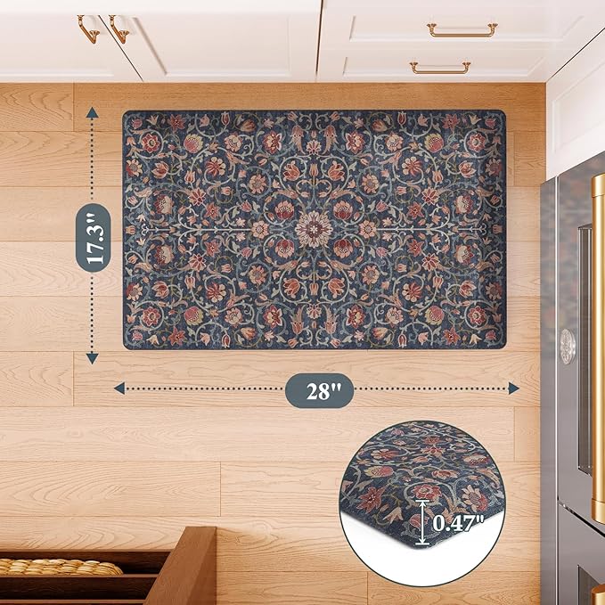 KIMODE Kitchen Mats for Floor Cushioned Anti Fatigue,Boho Vintage Kitchen Rugs Non Slip,Cushioned Memory Foam Kitchen Standing Floor Mat for Bathroom Sink Office Home Decor,Blue/Red 17.3"x28"
