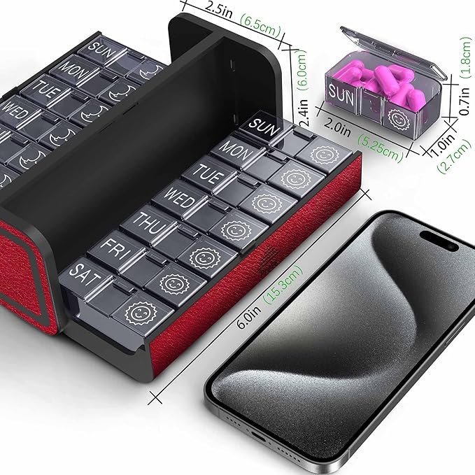 Medicine Pill Organizer, 7 Day AM PM Pill Box 2 Times a Day, Travel Leather Pill Case, Pressing The Double Opening, Holds Medication Vitamins Fish Oil and Supplements (Red and Blue)