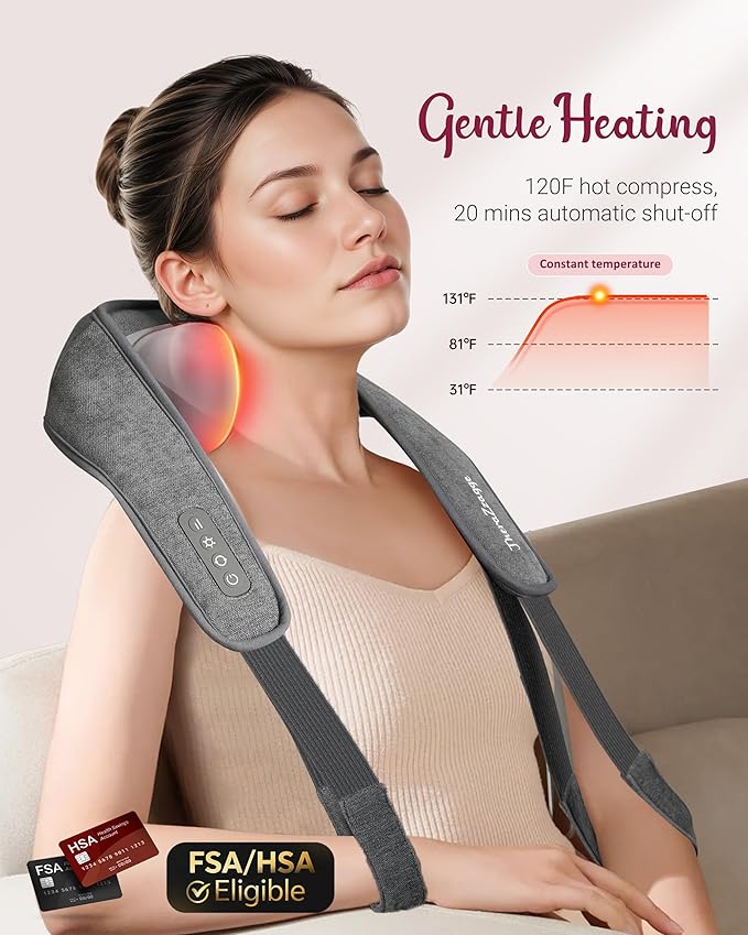 Cordless Neck Massager with Heat - FSA Eligible HSA Neck Shoulder Massager for Pain Relief Deep Tissue,6D Deep Kneading Shiatsu Back Massage, Gifts for Fathers Men Women
