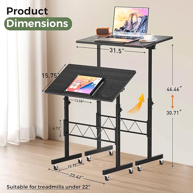 GTPLAYER Small Standing Desk Adjustable Height, 30.7"-46.4" Portable Computer Table Mobile Desk Workstation Stand Up Desk with Wheels Compact Rolling Table for Home Work Treadmill Walking Pad Black