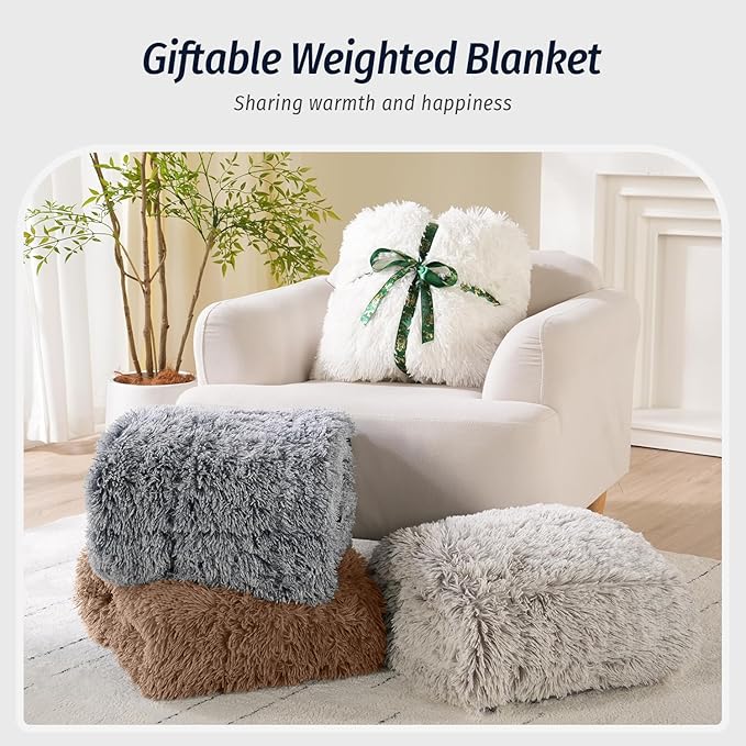 Wemore Shaggy Long Fur Faux Fur Weighted Blanket,Cozy and Fluffy Plush Sherpa Long Hair Blanket for Adult 20lbs,Fluffy Fuzzy Sherpa Reverse Heavy Blanket for Bed,Couch, Brown 60 x 80 Inches