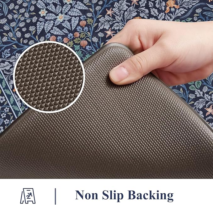 Collive Kitchen Mats for Floor 2PCS, Cushioned Anti Fatigue Rugs Non Slip Waterproof Kitchen Sink Mat, Dark Blue Floral Standing Mat for Bar, Office, Desk, Home Decor, 20" x 47" + 20" x 32"