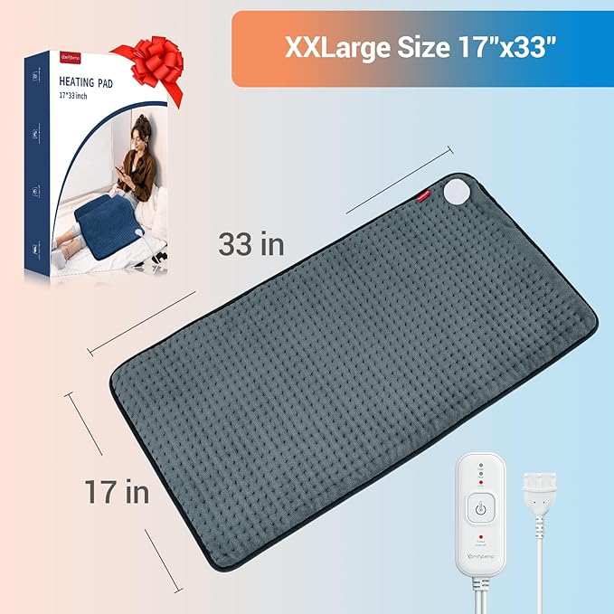 Comfytemp 17''x 33'' King Size Heating Pad for Back & Period, Extra Large Cute Heating Pad XXL, Electric Heat Pad for Neck/Shoulder/Knee, Washable, Gray
